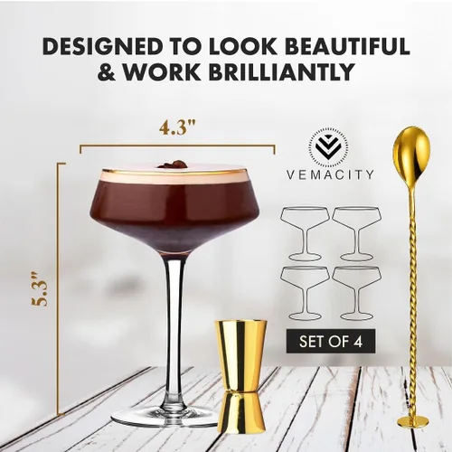 Miniatura 8 de VEMACITY - Juego de 4 vasos de Martini Espresso de lujo Vasos Coupé de 10 onzas con bordes dorados para champán, Cosmopolitans - Incluye jigger