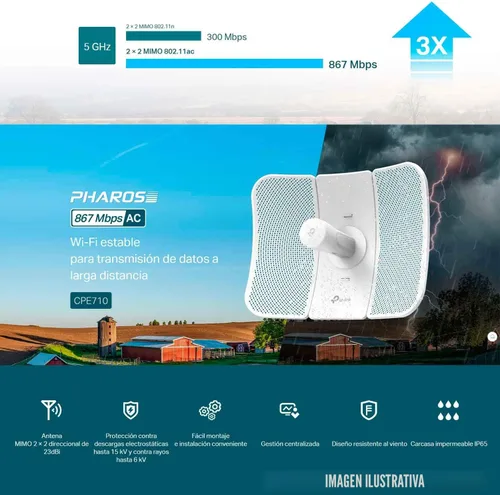 Miniatura 5 de TP-Link CPE710 CPE exterior Gigabit de largo alcance de 5 GHz AC 867 Mbps para transmisión PtP y PtMP Puente inalámbrico punto a punto 23dBi