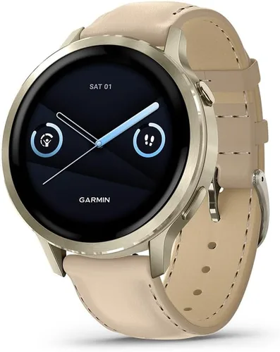 Miniatura 2 de Garmin 010-03013-03 Venu 4, reloj inteligente de 1.614 in, oro lunar con banda de hueso y correa de cuero arena clara con Deco Essentials exclusivo