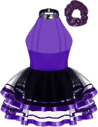Miniatura 76 de CHICTRY Vestido tutú de ballet con lentejuelas brillantes para niñas y niñas, moderno disfraz de baile latino de jazz