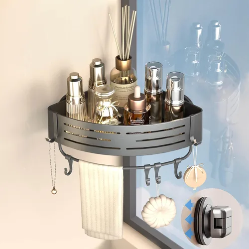 Miniatura 14 de Onemake Organizador de ducha con ventosa, estante de ducha de succión con ganchos portátiles, organizador de baño con barra de toalla