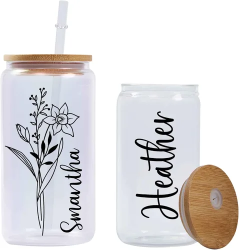 Miniatura 8 de Mostop Vaso de café helado personalizado con tapas y pajitas, vaso de flor de nacimiento personalizado, regalo para el día de la madre y cumpleaños