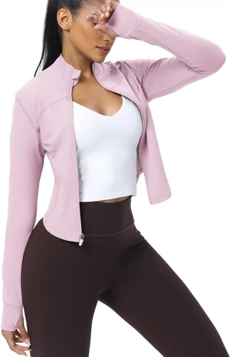 Miniatura 71 de AVGO Chaquetas de entrenamiento recortadas para mujer, con cremallera, ajustadas, atléticas, con agujeros para el pulgar