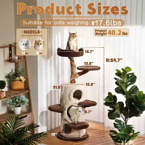 Miniatura 2 de Árbol Moderno para Gatos de Interior, Torre Casa del Árbol de Lujo para Gatos de 54.7'' de Alto con Postes Rascadores de Madera para Decoración
