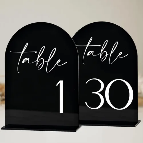Miniatura 25 de Números de mesa de acrílico de arco negro con soportes 1-15, letrero acrílico arqueado negro de 5 x 7 pulgadas y base, números de mesa de arco
