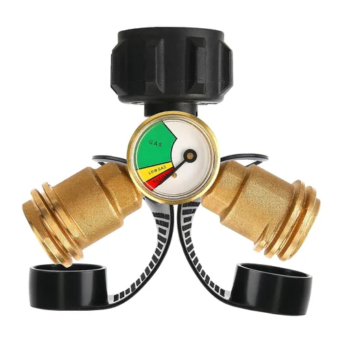Conexión de tanque de propano doble, adaptador divisor en Y de tanque de propano con manómetro, indicador de nivel, medidor de presión de gas para