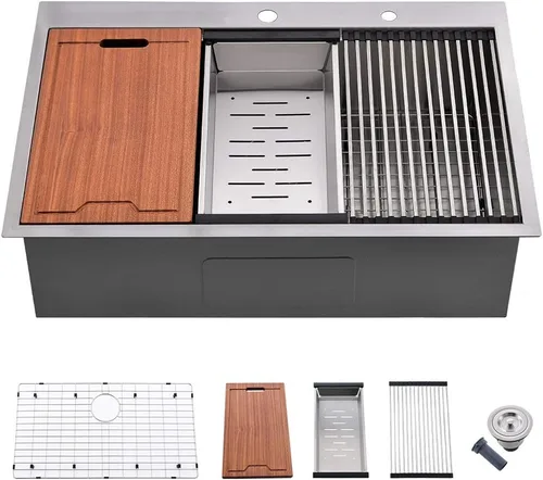 Miniatura 23 de Estación de trabajo de fregadero de cocina de 33 pulgadas - VOKIM 33 x 22 pulgadas, fregadero de cocina de montaje superior de 16 calibre, fregadero