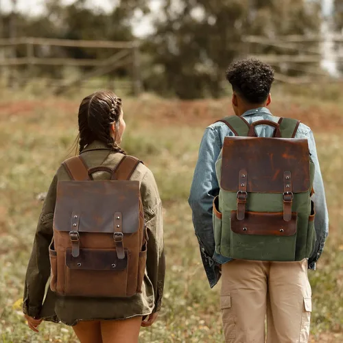 Miniatura 8 de Modoker Mochila de lona encerada, mochila de cuero para hombres y mujeres, mochila vintage de viaje para laptop de 15.6 pulgadas, mochila retro