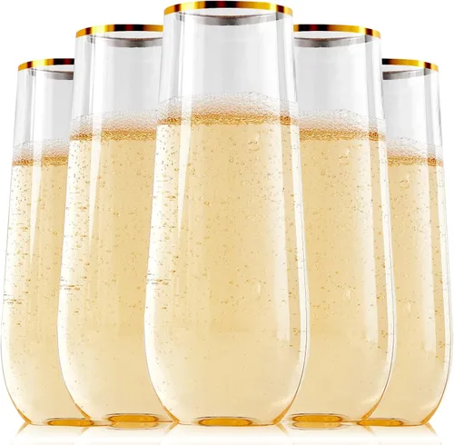FOCUSLINE Paquete de 24 copas de champán de plástico sin pie de 9 onzas con borde dorado, vasos de champán transparentes, irrompibles, desechables y