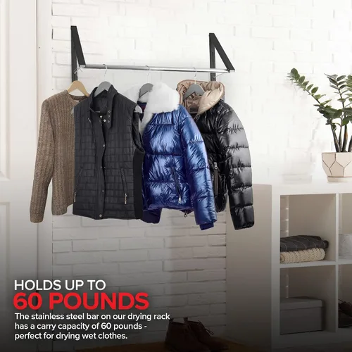 Miniatura 5 de Doble Perchero Plegable para Ropa con Barra Extensible, Perchero Retráctil Montado en Pared para Secador de Ropa, Barra de Secado Colgante, Pequeños