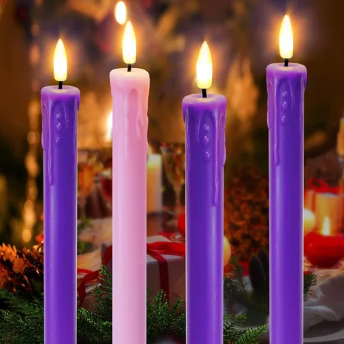 Miniatura 5 de Juego de 4 Luces de Velas LED de Navidad, Velas Cónicas que Funcionan con Batería para Corona de Adviento, 3 Moradas 1 Rosa Velas de Cera Sin Llama