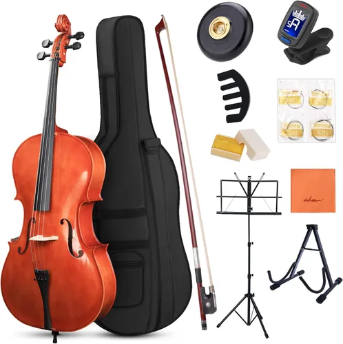 Miniatura 10 de ADM 4/4 Violonchelo acústico de tamaño completo, kit de violonchelo acústico para principiantes con bolsa portátil, soporte, arco, silenciador