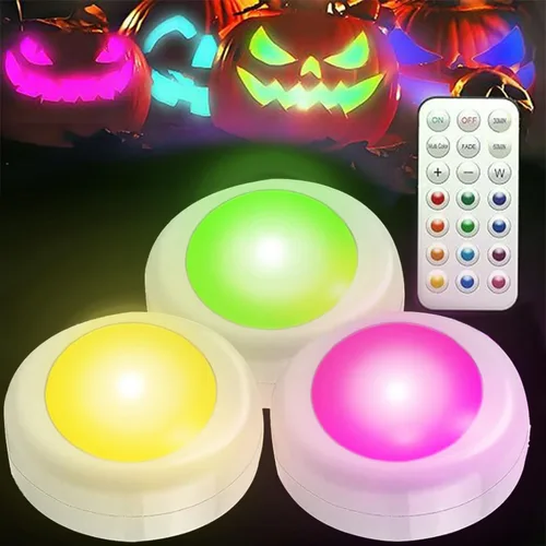 Luces LED de calabaza que cambian de color con control de temporizador, luz de disco de colores que funciona con pilas, luz LED de gabinete de 16