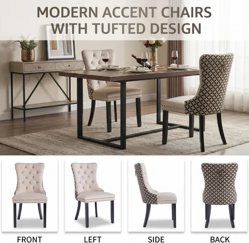 Miniatura 6 de Velvet Dining Chairs Set of 2, Tufted High Chairs with Nailhead Trim, Pull Ring, Black Solid Wood Legs, Elegant Upholstered Accent Chairs for Dining
