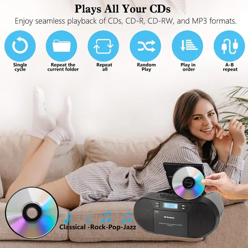 Miniatura 3 de Boombox Reproductor de CD Portátil, Combo Reproductor de Casetes con CD MP3 Bluetooth AUX TF USB Radio FM Alimentado por AC/DC, Caja de Boom