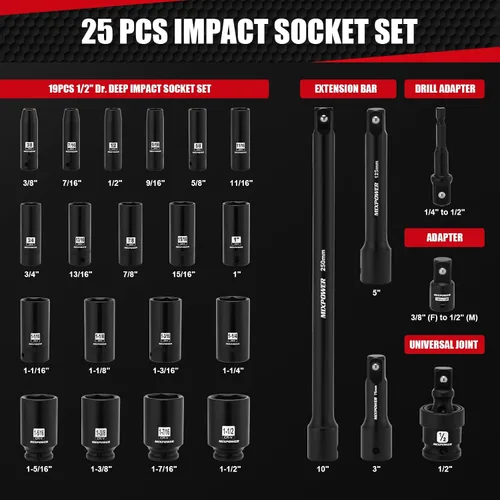 Miniatura 3 de MIXPOWER Juego de 25 llaves de vaso de impacto de 1/2 pulgada, enchufe profundo de 3/8 a 1-1/2 pulgadas, enchufe hexagonal de 6 puntos con funda