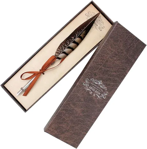 Miniatura 2 de Gullor Pluma de pluma vintage, pluma de inmersión de plumas naturales con caja de regalo, negro y marrón