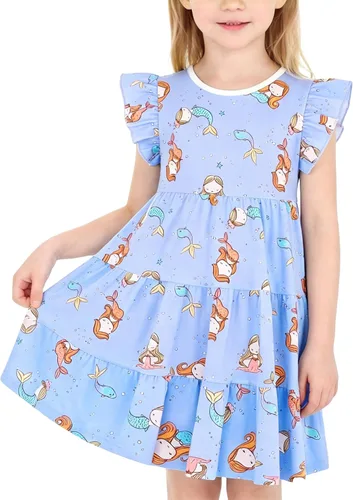 Miniatura 29 de Vestido casual para niñas, de algodón suave, manga corta, transpirable, acampanado, para adolescentes, talla 2T, 3T, 4T, 5, 6, 7, 8, 9, 10, 12, 13
