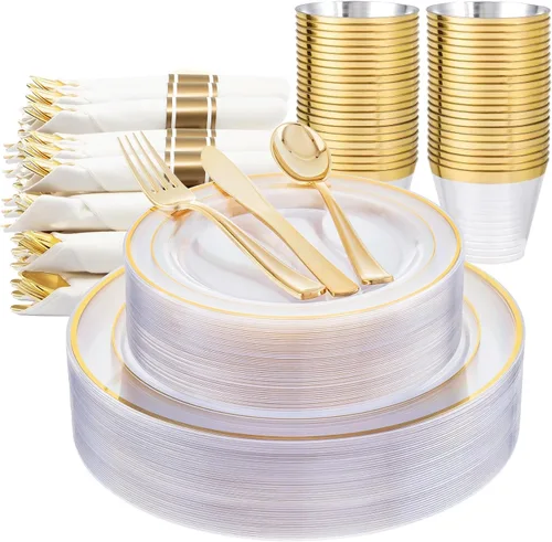 WELLIFE 350 platos de plástico dorado transparente, 100 platos desechables, 150 cubiertos de plástico, 50 tazas, 50 servilletas para bodas y fiestas