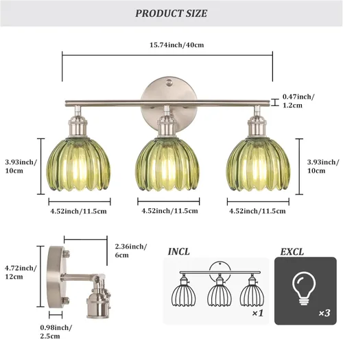 Miniatura 5 de Shenmoyl Accesorios de Iluminación para Baño, Luz de Pared de Tocador de 3 Luces Sobre Espejo con Pantalla de Cristal de Tulipán Verde para Base