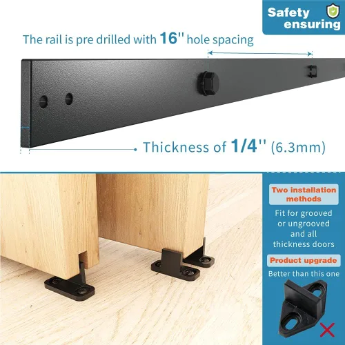 Miniatura 6 de ZEKOO Kit de Herrajes para Puerta de Granero Bypass de 5 Pies, Riel Único, Uso para Puertas de Madera Dobles, Rodillo de Riel Plano, Techo Bajo