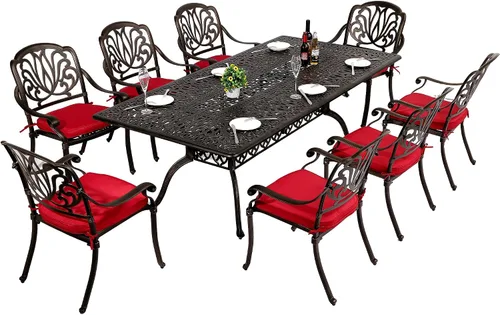 Miniatura 10 de TITIMO Juego de comedor de 7 piezas de aluminio fundido para patio, muebles de comedor al aire libre, juego de conversación de patio, mesa