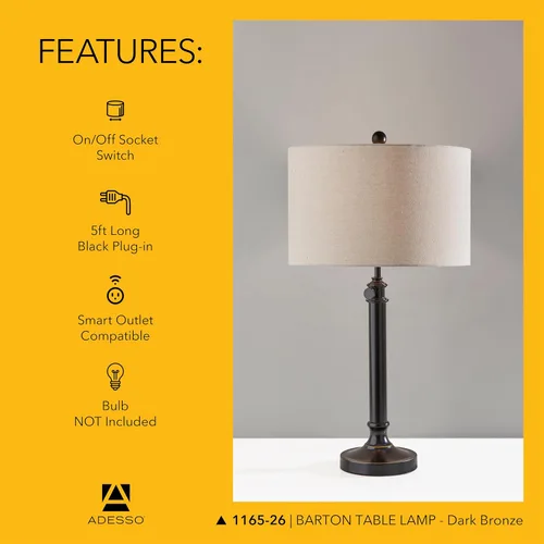 Miniatura 6 de Adesso Lámpara de mesa de bronce antiguo con pantalla de lino de avena, luz de acento de altura ajustable para dormitorio, sala de estar u oficina