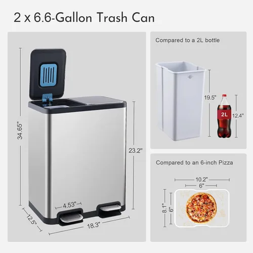 Miniatura 7 de ELPHECO Cubo de basura de cocina de doble compartimento, 2 cubos de basura de acero inoxidable de 6.6 galones para cocina con 2 cubos y tapas