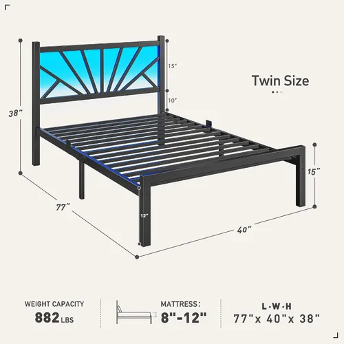Miniatura 2 de Homkdom Estructuras de Cama Individual de Metal con Luces LED, Estructuras de Cama Individual con Cabecero, Base de Colchón de Servicio Pesado