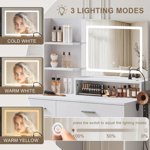 Miniatura 4 de Escritorio de tocador con espejo LED y luces, mesa de tocador de maquillaje con toma de corriente, cajones, armario, tocador con estantes