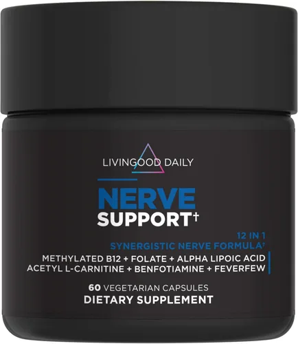 Livingood Daily Suplemento de apoyo nervioso para mujeres y hombres, fórmula de salud nerviosa 12 en 1 con B12 metilado, folato, benfotiamina, ácido