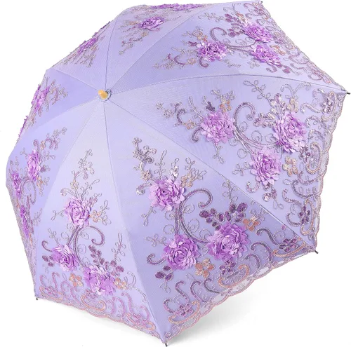 BABEYOND Sombrilla de encaje a prueba de rayos ultravioleta plegable UPF50+ paraguas vintage bordado de flores para fiesta de boda y sesión de fotos