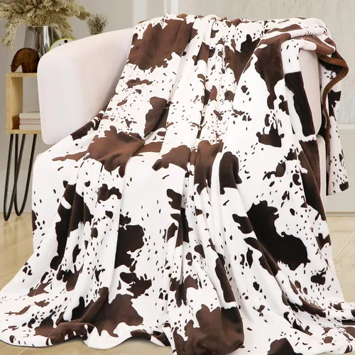 Manta con estampado de vaca para sofá cama, mantas y mantas suaves de vellón mullido, decoración del hogar occidental marrón y blanco, para todas