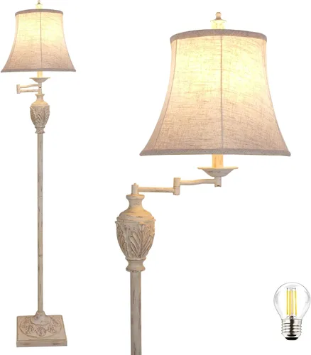 Lámpara de pie LED tradicional con brazo oscilante ajustable de 350°, lámpara de poste vintage con brazo oscilante para sala de estar, dormitorio y