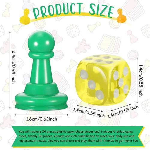 Miniatura 2 de 26 piezas de juego de mesa multicolor y dados que incluyen 24 piezas de ajedrez de plástico multicolor y 2 dados de plástico de 6 caras, juego