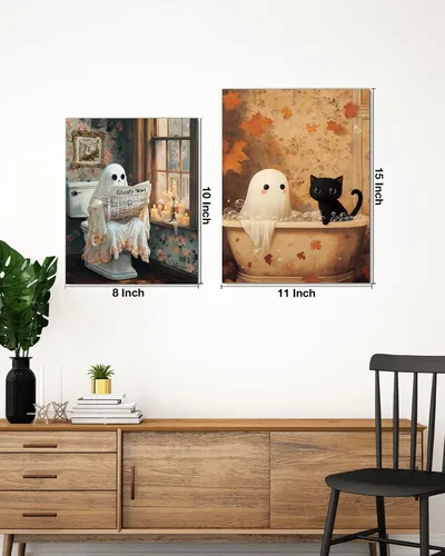Miniatura 7 de QPVXSST Arte de Pared Interesante de Fantasma de Halloween para Baño, Póster Impreso en Lienzo de Estilo Gótico, Decoración de Baño con Diseño