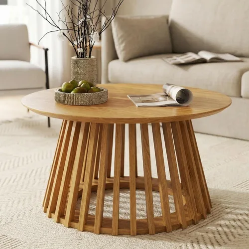 Miniatura 10 de HNY Mesa auxiliar redonda negra moderna para sala de estar, mesa central pequeña de madera de mediados de siglo de 31.5 pulgadas con base acanalada