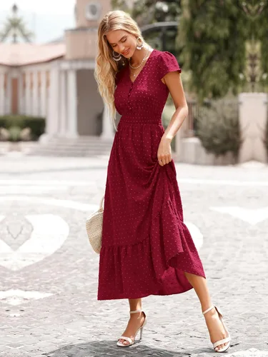 Miniatura 3 de PRETTYGARDEN Vestido de cóctel largo de manga corta con cuello en V para mujer, diseño de lunares suizos con volantes y escalonado