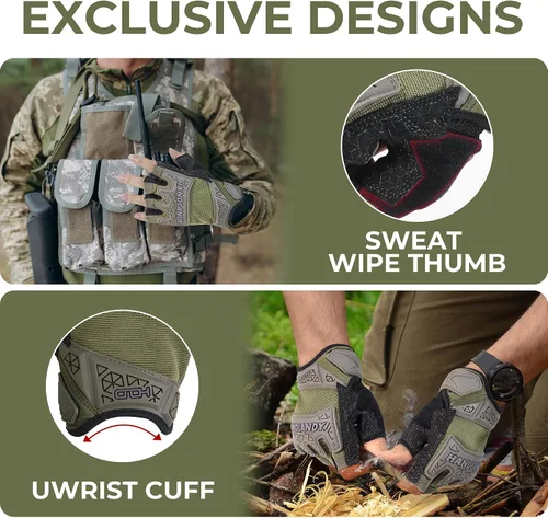 Miniatura 6 de HANDLANDY Guantes tácticos de impacto sin dedos para hombre, guantes de trabajo con agarre acolchado de medio dedo, guantes de conductor de Verde