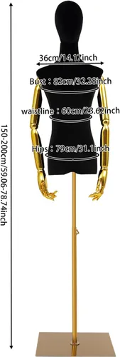 Miniatura 2 de Maniquí femenino de terciopelo con brazos y base dorados, altura ajustable de 59 a 79 pulgadas, soporte de exhibición de medio maniquí