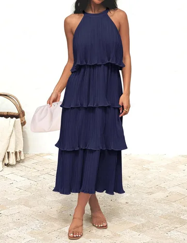 Miniatura 2 de Zesica Vestido de verano sin mangas, con cuello halter y volantes escalonados, de gasa, con vuelo, largo por debajo de la rodilla