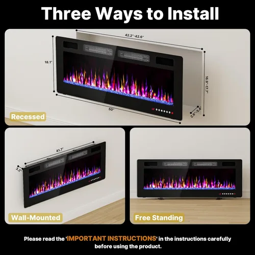 Miniatura 7 de BREEZEHEAT Chimenea eléctrica ultrafina de 50 pulgadas, calentador de chimenea independiente o empotrado en la pared, control remoto, pantalla