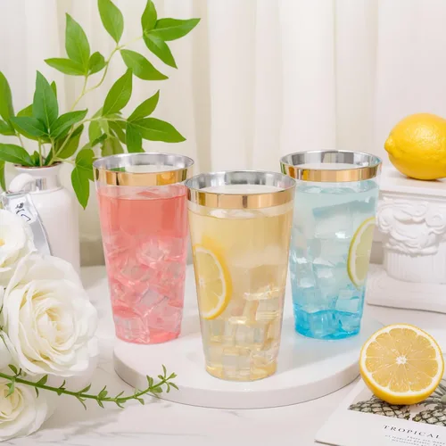 Miniatura 3 de DaYammi Paquete de 100 vasos de plástico dorados de 16 onzas, elegantes vasos de plástico transparente con borde dorado, desechables, copas de vino