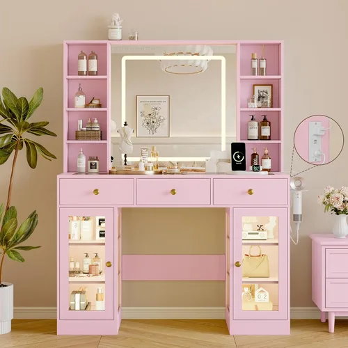 Miniatura 14 de Escritorio de maquillaje con espejo y luces, tocador negro de 43 pulgadas con parte superior de cristal, almacenamiento de joyas, 3 cajones