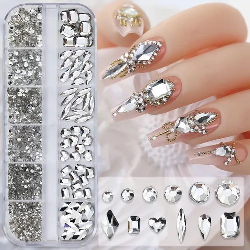 Miniatura 9 de Diamantes de imitación verdes para uñas, gemas de diamantes de imitación de cristal 3D, diamantes de imitación de parte trasera plana, varios