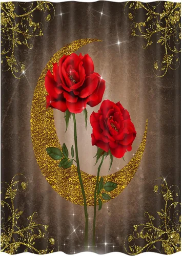 Miniatura 14 de JAWO Cortina de ducha con diseño de rosas, románticas flores y rosas rojas reflejadas en el agua, cortina de baño de tela, cortina de baño negra