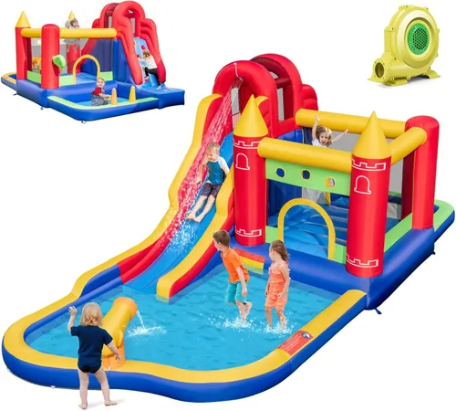 Miniatura 14 de HONEY JOY Tobogán acuático inflable, casa de rebote de tobogán acuático 9 en 1 con piscina de salpicaduras, tobogán largo, pozo de bolas con 50