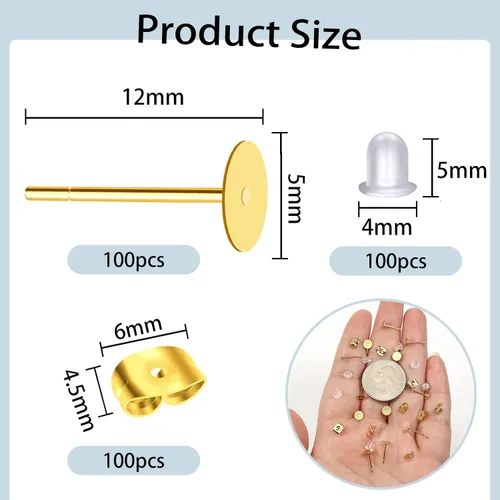 Miniatura 2 de TOAOB - 300 postes y respaldos de aretes de acero inoxidable dorado, hipoalergénicos, de 0.197 in, con goma transparente y parte trasera de aretes