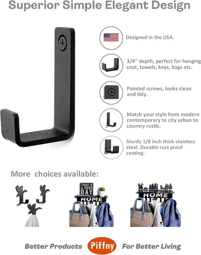 Miniatura 2 de Piffny Gancho para bata y toalla, paquete de 6 ganchos de pared de acero inoxidable resistentes para colgar toallas, abrigos, mochilas, llaves, etc.