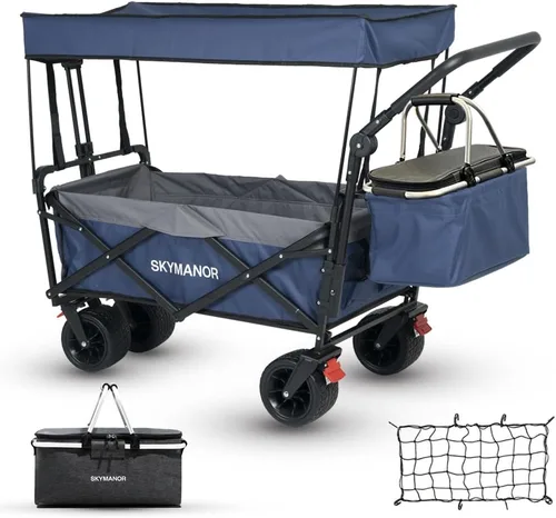 Miniatura 11 de SKYMANOR Carro plegable con toldo extraíble, carrito de jardín resistente 3 en 1 con ruedas grandes todo terreno, frenos, mango de empuje ajustable